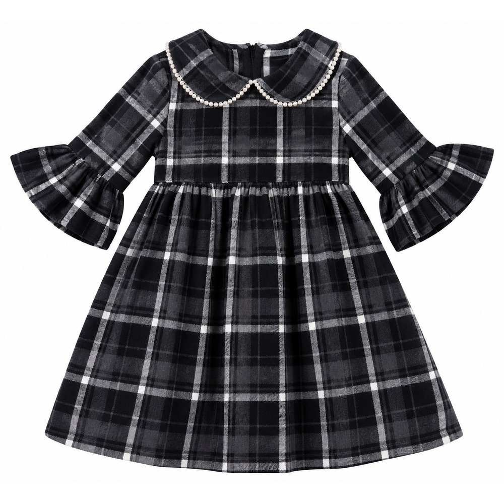 A.T.U.N. Plaid Dress Peter Pan Collar Bell Sleeve Holiday Prairie Fall Girls 5/6